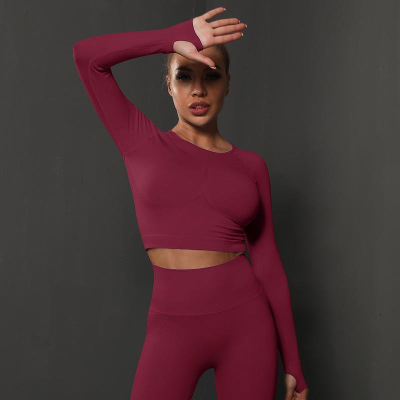 Seamless Tight Solid Color Pleated Sports Long Sleeved Top With High Elasticity, Breathability, Running, Fitness, Yoga Clothes For Women