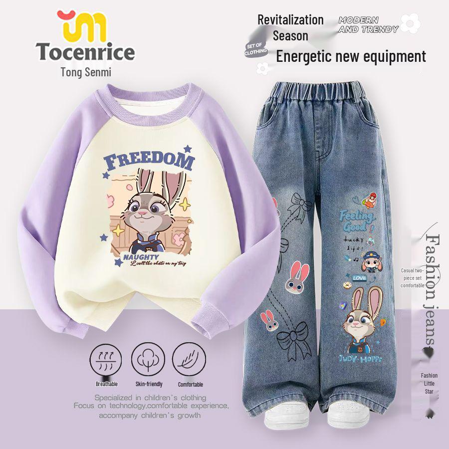Zootopia Judy Autumn/Winter Girls' Two-Piece Set: Stylish Hoodie and Jeans for Trendy Medium To Older Children.