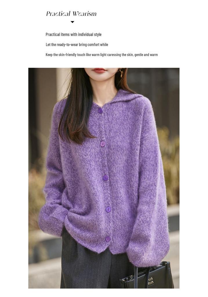 Women's Heather Yarn Polo Collar Cashmere Wool Blend Cardigan - Thick, Long Pile, Plush, Warm, Perfect for Autumn and Winter