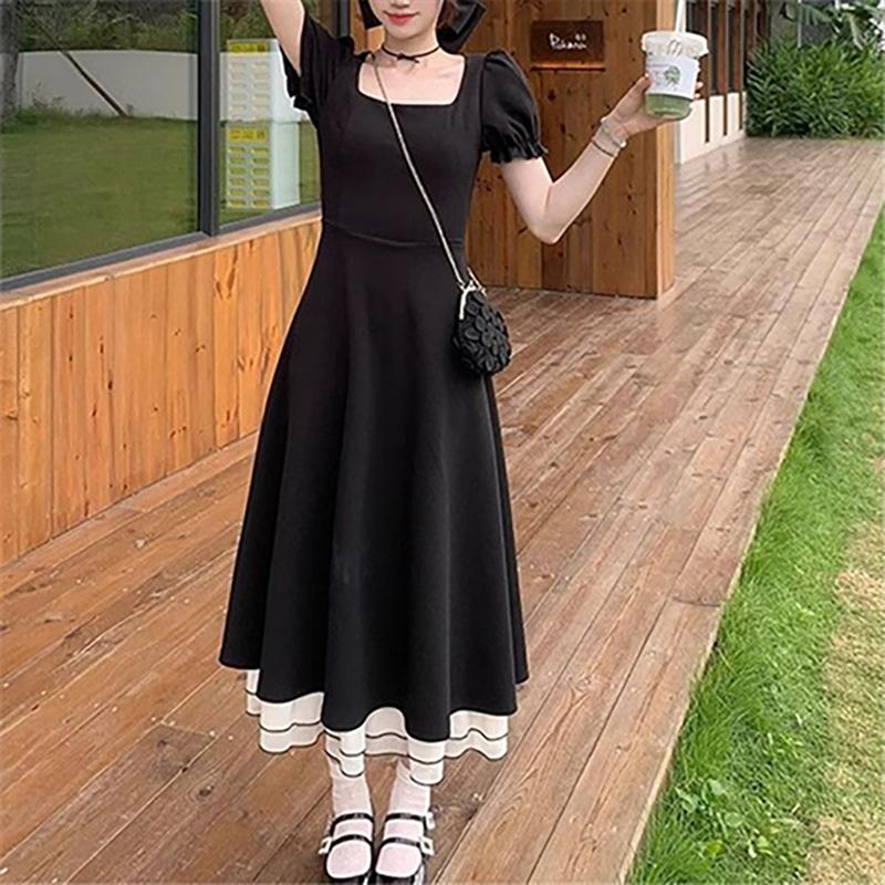 

Платье во французском стиле Одри Хепберн, маленькое черное платье с квадратным вырезом и поясом, длинная юбка с цветными вставками M чёрный