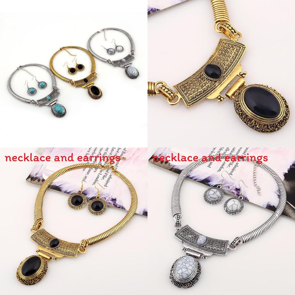 Etnisk Stil Simulering Ädelstensprydnad Dam Halsband och Örhänge Set För Män och Kvinnor
