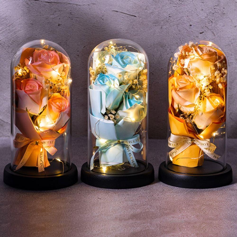 Romantic Eternal Rose Light Luminous Transparent Dome Artificial Rose Light Decorative Simulated Rose LED Eternal Flower