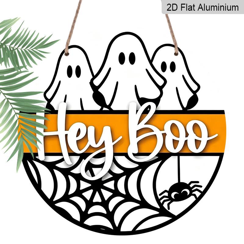 2D Flat, 1pc Round Aluminum Hanging Sign, Ghost Spider Web with "Hey Boo" Word Design, Suitable for Halloween & Christmas Wall Decor, Multi-Holiday