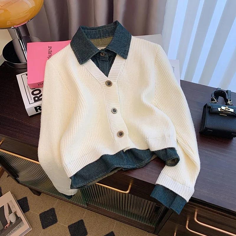 Podzim Zima Retro Pletený kardigan svetr Falešný dvoudílný Dámská móda Prošívaný džínový krátký kabát Dámské ležérní topy