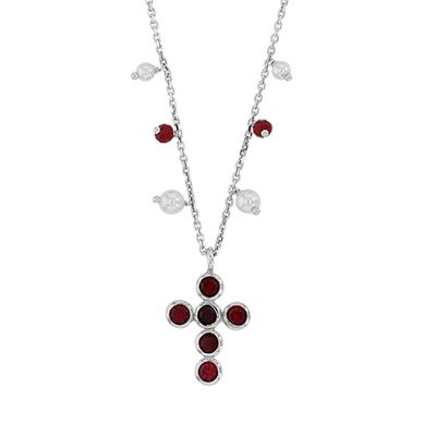 [R4955] - Handcrafted Silver Necklace 'Gypsy Cross' Silver Red (rhodium) - 17x13mm