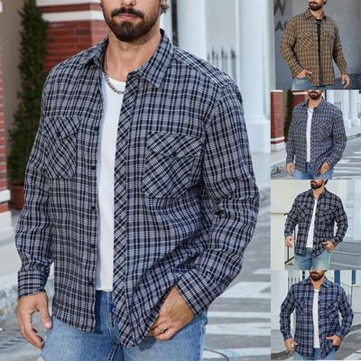 Men's Casual Fashion Plaid Long Sleeve Shirt Men's Pocket Button Shirt