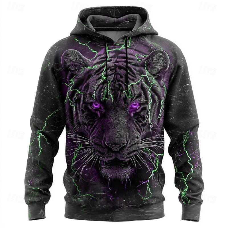 2025 Fall Winter Men's Animal Tigers 3D Prints Hooded Hoodies Sweatshirts Long Sleeve Crew Neck Streetwear Drawstring Tops