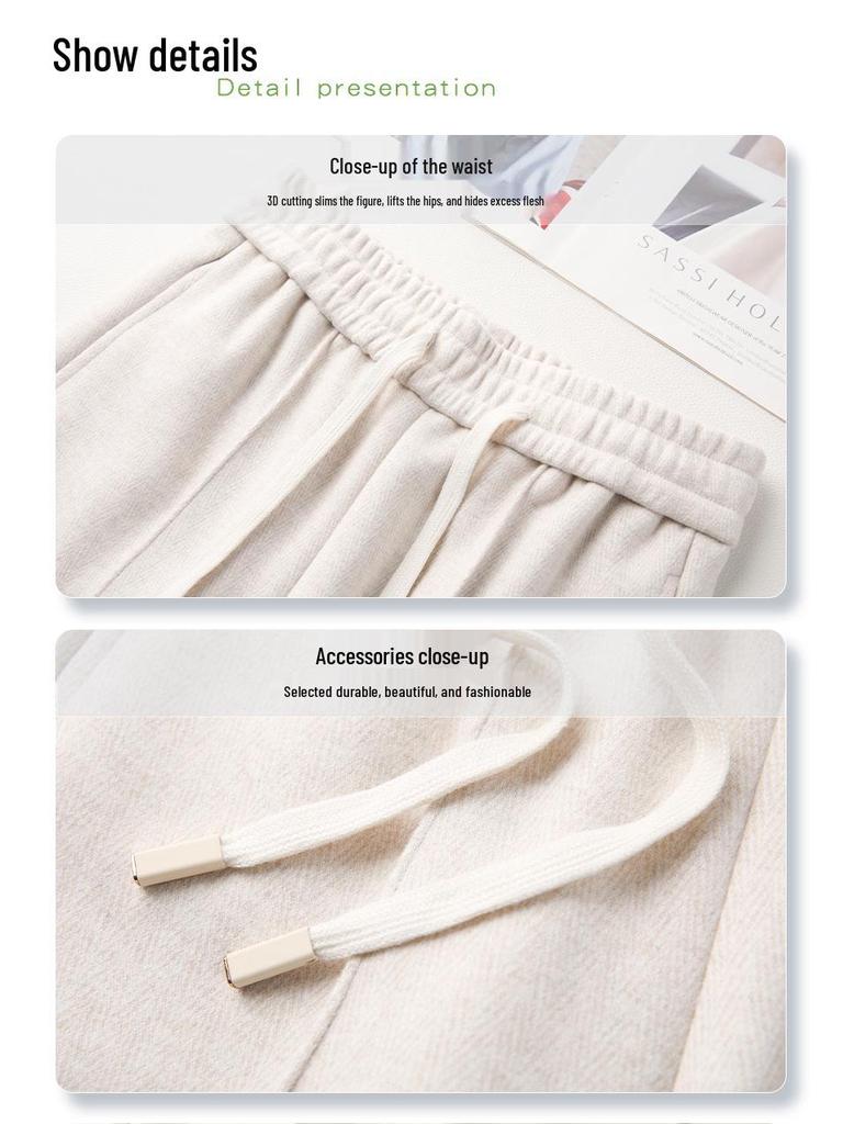 2024 New Beige Wool Blend Women's Wide-Leg Pants - Autumn/Winter Casual Straight-Leg Style