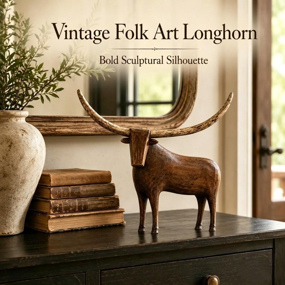 Rustic Longhorn Bull Sculpture Vintage Style Resin Bull Tabletop Statue Farmhouse