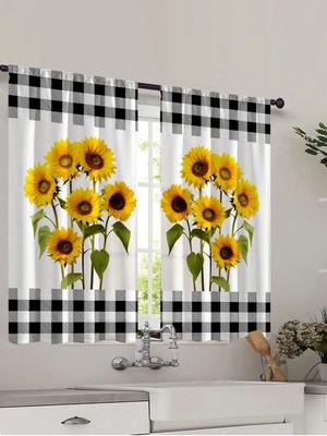 Fresh Grid Sunflower Printing Decorative Curtains,Modern Kitchen Curtains,Suitable for Decorating Bedrooms,Study Rooms,Cafes,2Pc