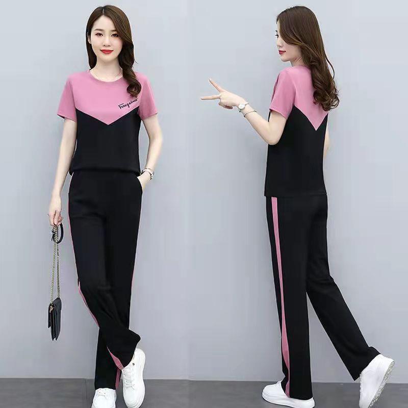 Sports Suit Women's Summer Loose Thin Short-sleeved Contrast Shirt Straight Trousers Casual Two-piece Set