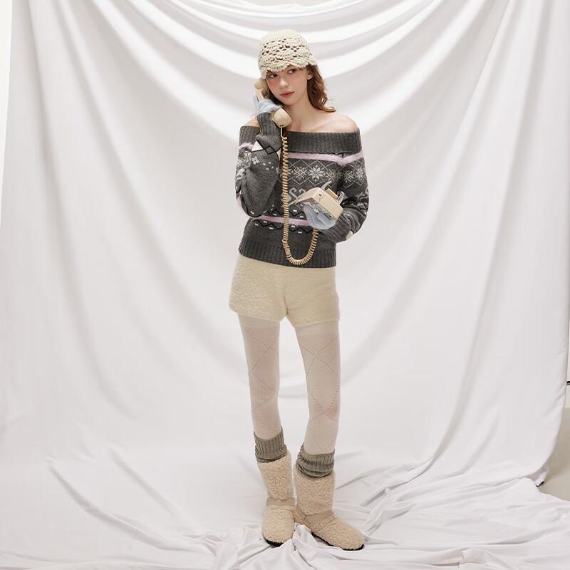 UNIFREE Fair Isle Off-Shoulder Lapel Knit Sweater