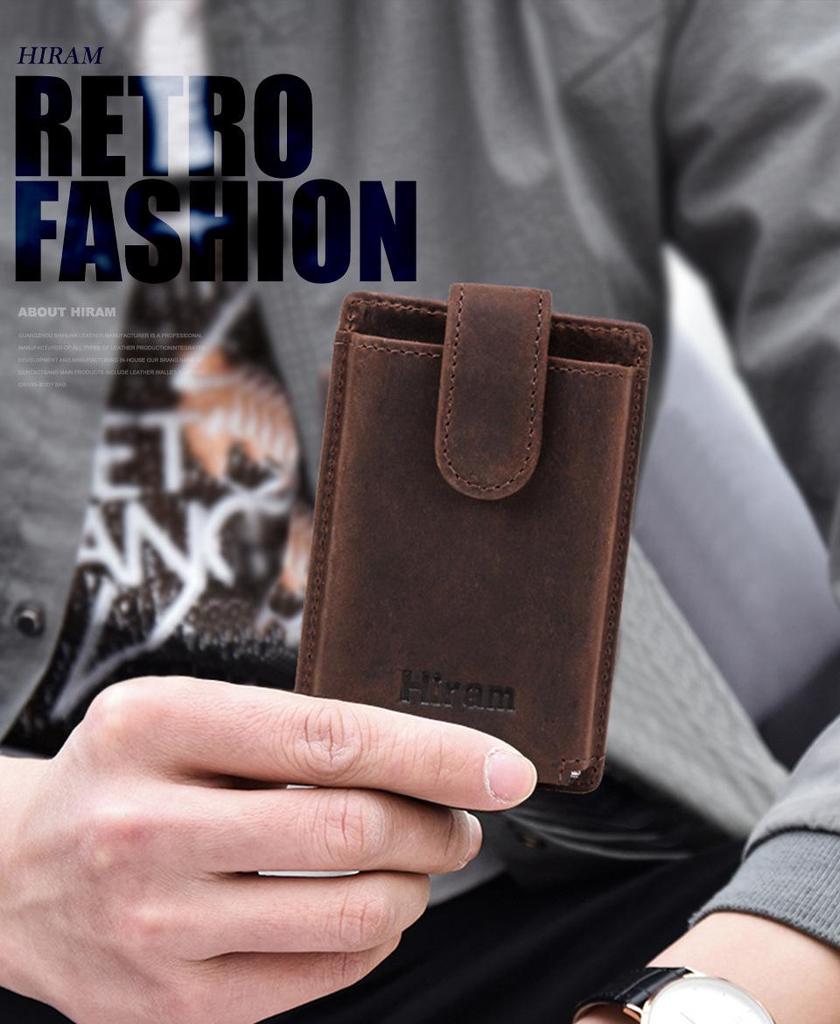 Black Angel FRID Vintage Crazy Horse Leather Automatic Card Holder with Buckle - Genuine Leather Wallet.
