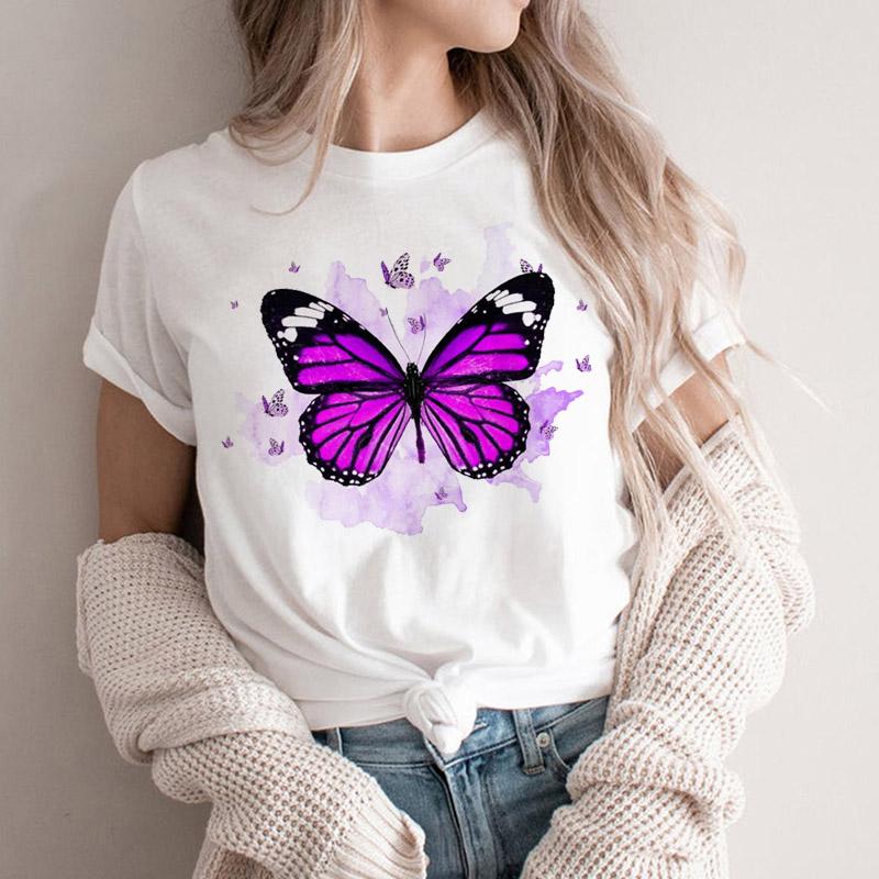 Women Tshirt Cartoon Purple Flower Floral 2025 Summer Spring T Shirt Female Clothes Graphic 90S Aesthetic Kawaii Tee Tops Lady