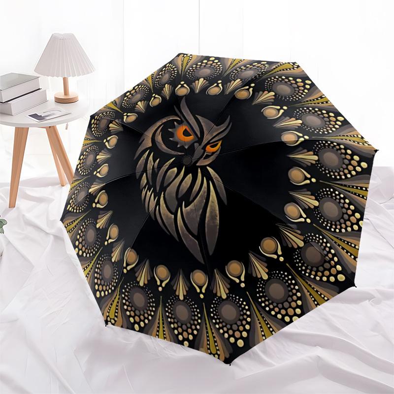 1pc Owl Mandala Automatic Folding Umbrella - Design, Durable Iron Frame for Travel, Outdoor, Beach Fashion Accessory a0920050