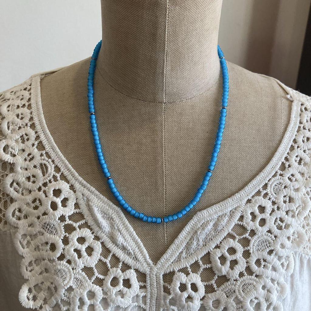 Used 647 Light Blue White Hearts and SV925 Navajo Pearl Beads Necklace