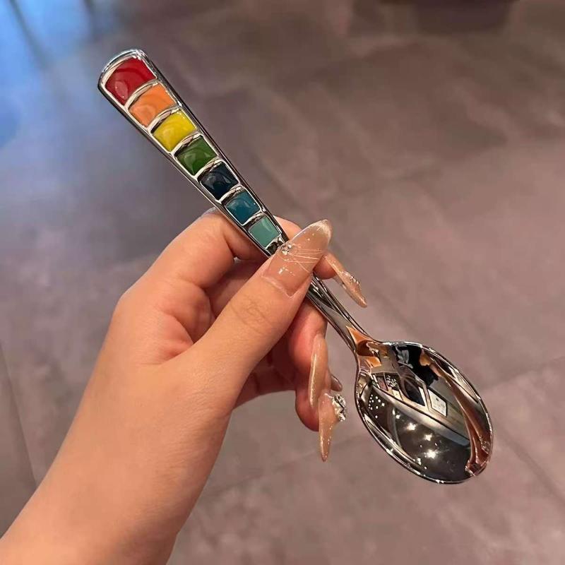 2Pcs Macaron-Colored Stainless Steel Dessert Spoons High-Aesthetic Colorful Enamel Spoons For Home Kids Picnics & Bento