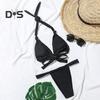 2Pcs/Set Women Bikini Set Halter Padded Wireless Bikini Bra High Waist Swimming Briefs Set Split Design Solid Color Swimsuit