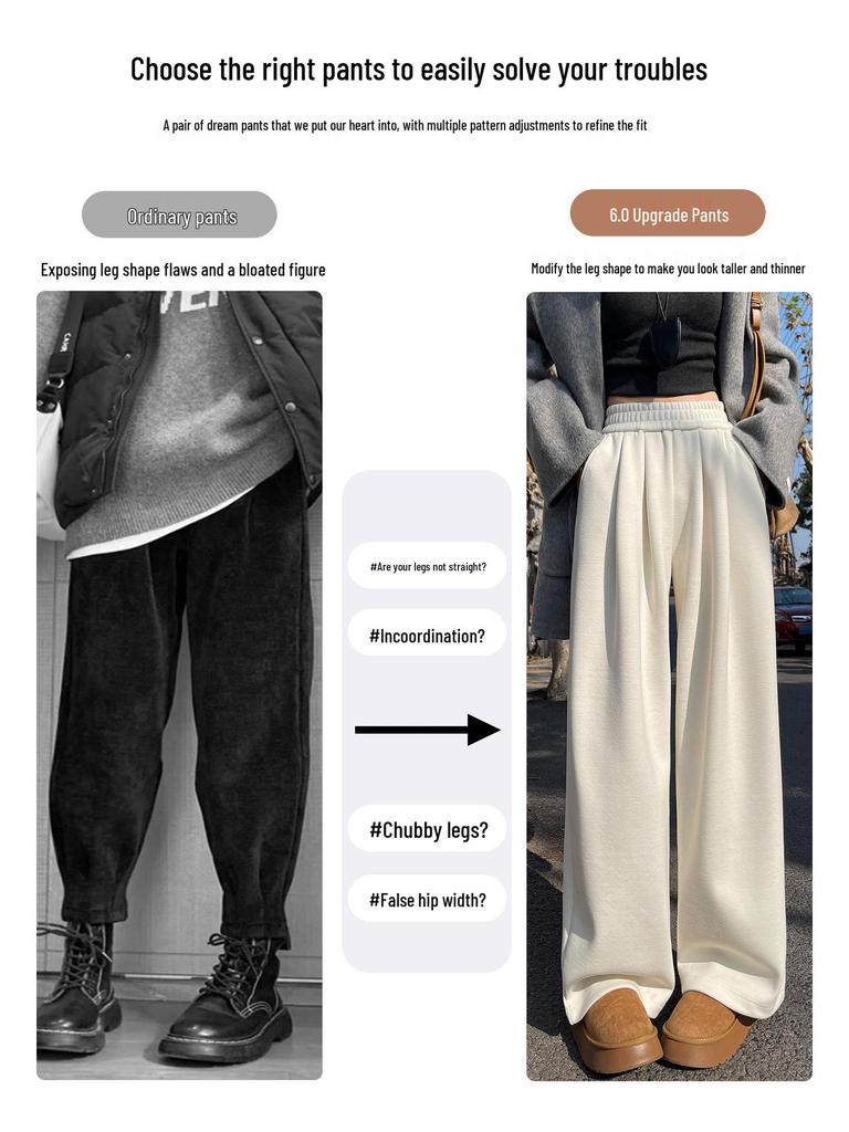 Women's Wide-Leg Glutinous Rice Pants - 2026 New Spring/Fall/Winter Plus Velvet Drape Wool Silk Blend Sweatpants