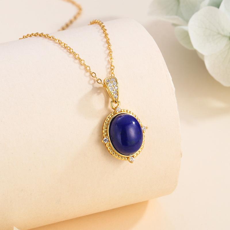 S925 sterling silver necklace women's oval egg surface lapis lazuli retro atmosphere fashion simple daily commuter collarbone chain