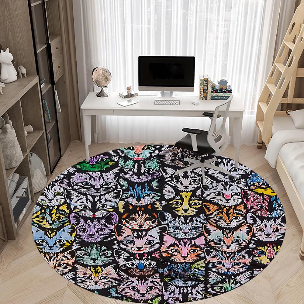 1pc Cat Face Print Carpet, Round Non Slip Durable Large Size Office Carpet, Suitable for Office