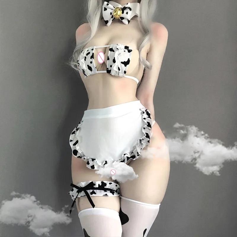 New Cos Cow Cosplay Costume Anime Girls Swimwear Clothing Lolita Bra and Panty Set Stockings Maid Tankini Bikini Swimsuit