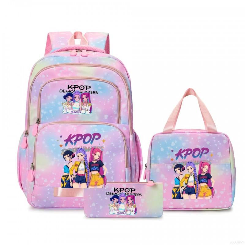 K-Pop Inspired Cartoon School Backpack Set Teen Girls 3pcs Lunch Bag Main Pencil Case Arc Shoulder Straps British Style