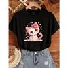 Cute Cat Print Crew Neck T-Shirt, Casual Short Sleeve Top For Spring & Summer, Women's Clothing