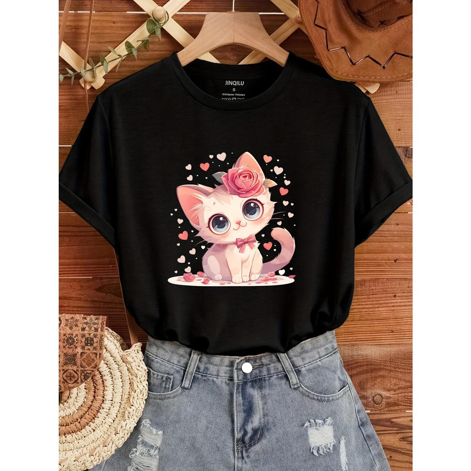 

Милая футболка с принтом кошки, круглый вырез, повседневный топ с коротким рукавом для весны и лета, женская одежда S чёрный