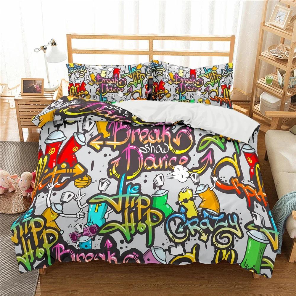 Cartoon Graffiti Print Polyester Bedding Sets Child Kids Covers Boys Bed Linen Set For Teens King Size Bedding Set