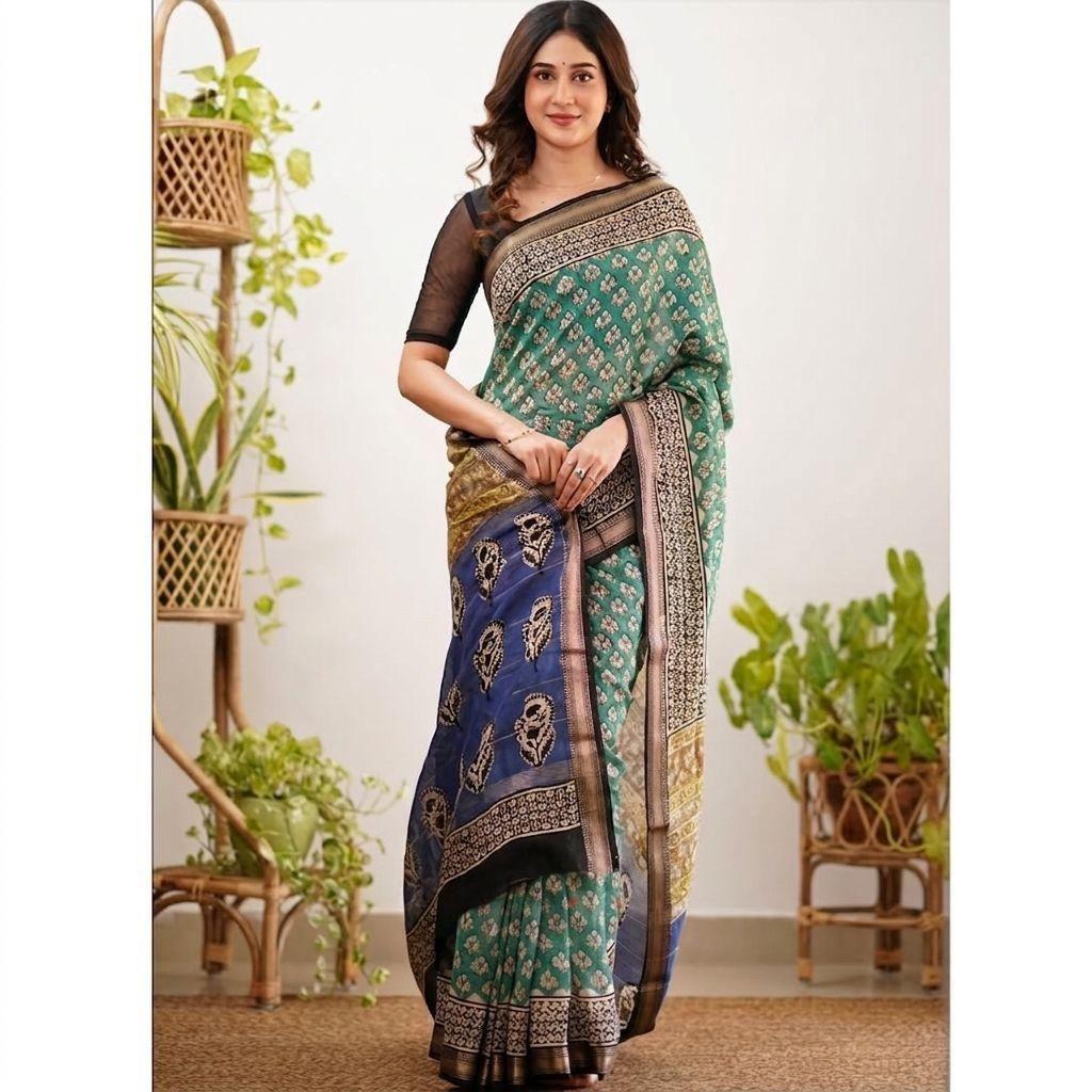 New Exclusive Designer Linen Cotton Saree – Elegant Floral Digital Print Rich Pallu Edition зелёный