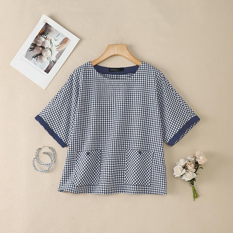 ZANZEA Damen Lässige Rundhals Kurzarm Karierte Print Bluse