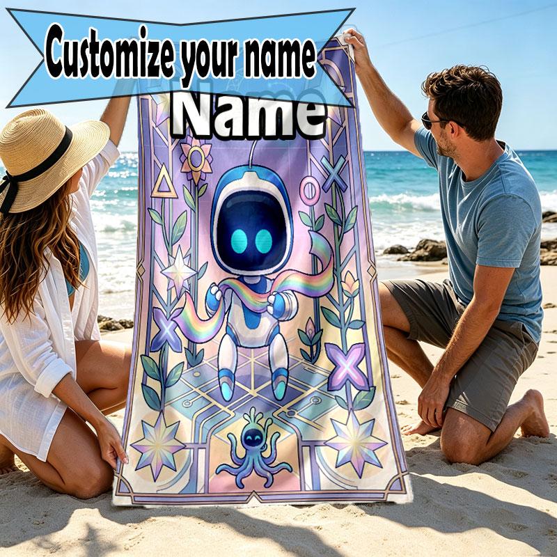 Custom Name Personalized Cosmic Bot Crew Print Beach Towel, for Trip Camping Beach Party Home Decor, Birthday Gift for Family & Friends