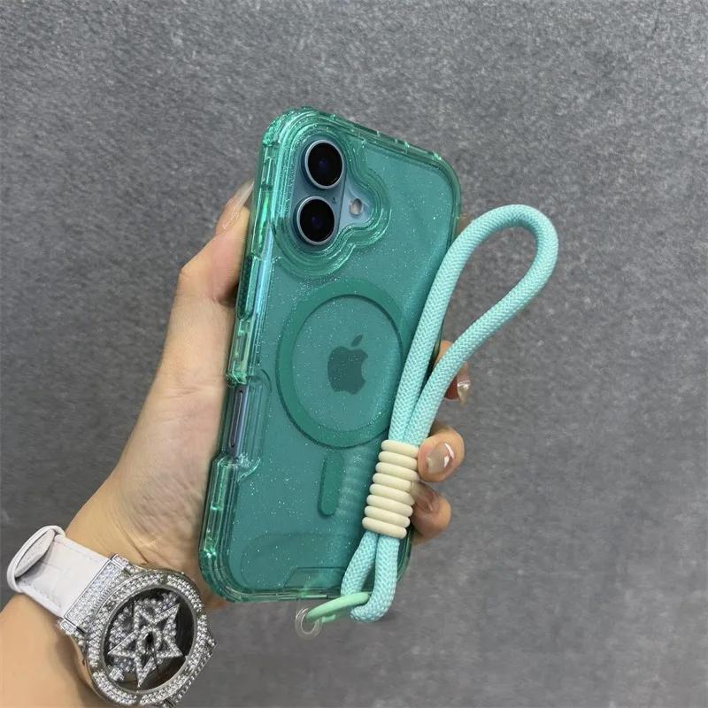 Třpytivé pouzdro s popruhem na zápěstí pro iPhone 16 1 14 Pro Max Plus 11 12 13 Magnetický řemínek Průhledný Bling kryt