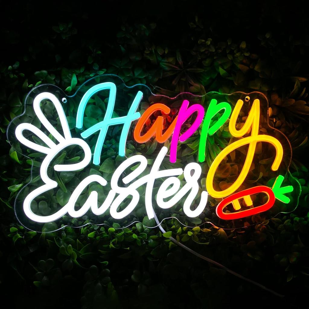 Happy Easter Neon Sign Easter Bunny Neon Light for Wall Decor, USB Powered & Dimmable LED Easter Window Lights for Kids Gifts Bedroom Party