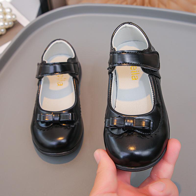 Girls Leather Shoes Black Simple Bows Students School Shoes Non-slip Soft Sole 2025 Fashion Children Performance Shoes Hook&loop