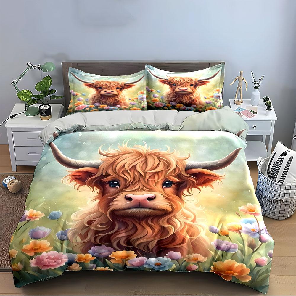 "Floral Highland Cow Bedding Set" Bedding Duvet Cover Set Duvet Cover Pillowcases (1 * Duvet Cover 2 * Pillowcases, without duvet insert)