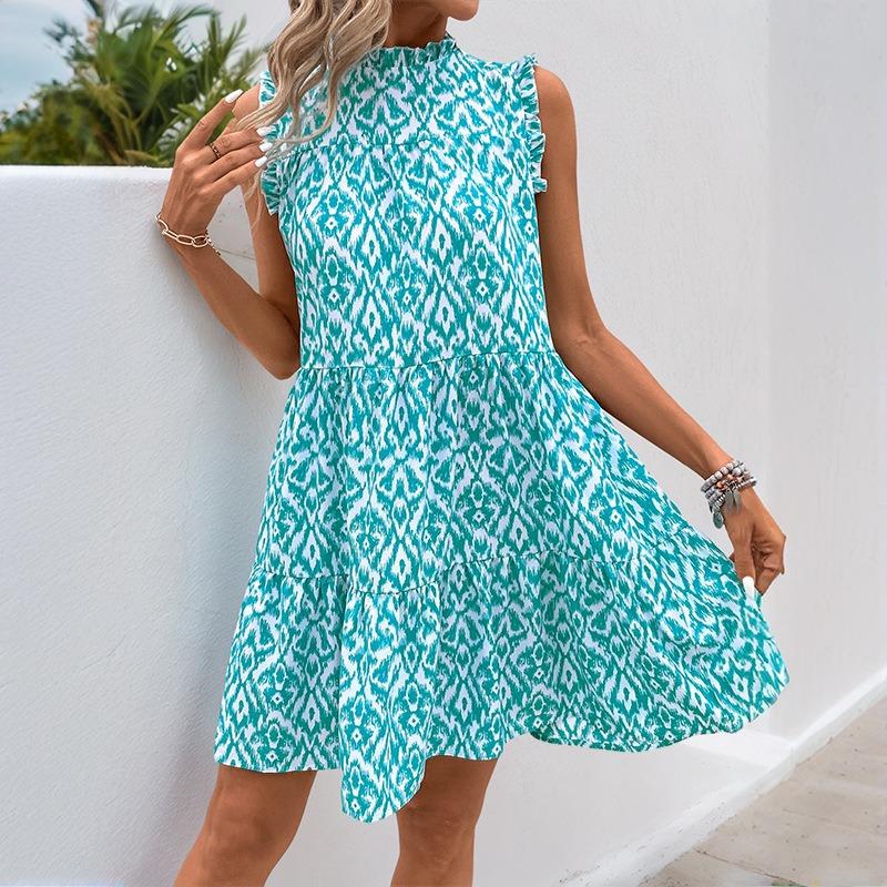 

Women s Short Dress Summer Crew Neck Print Sleeveless Tank Dress XL синій