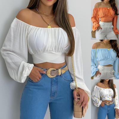 Sexy fora do ombro das mulheres topos e blusas manga puff topos verão flor vintage branco camisa feminina