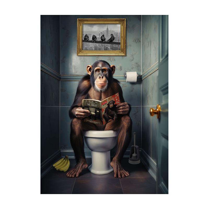 Goldendoodle Monkey Highland Cow On The Toilet Reading Newspaper Poster Animal Print Canvas Painting Funny Bathroom Wall Decor