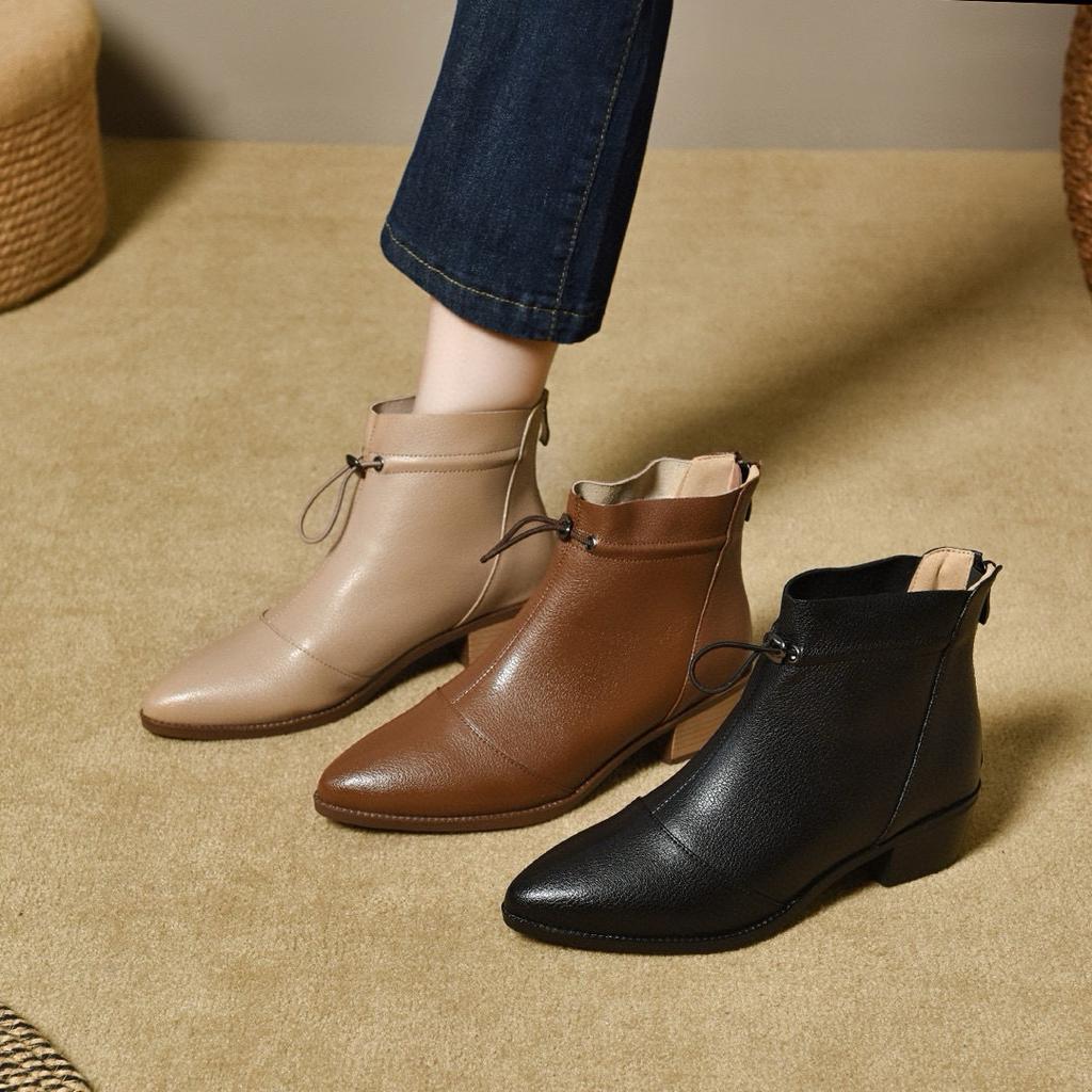 Pointed Short Boots Women's 2025 French Ruffle Edge Mid-heel Leather Boots Thin Women's Cotton Boots Fashion Boots Ankle Boots Large Size Women's Sho