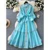 French style Retro Palace Style Lantern Sleeve Lace-up Waist Hugging Single-Breasted Dress Women Slimming Temperament Elegant Long Skirt