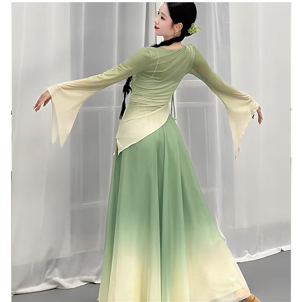 Women & Girls Gradient Green Chinese Classical Dance Costume, Sheer Chiffon Top Flowy Skirt For Practice & Performance