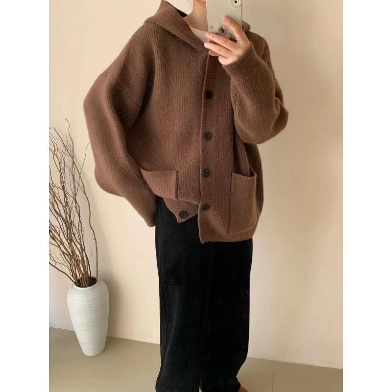 Hooded autumn and winter new single-breasted knitted cardigan fashionable versatile loose casual warm sweater jacket women