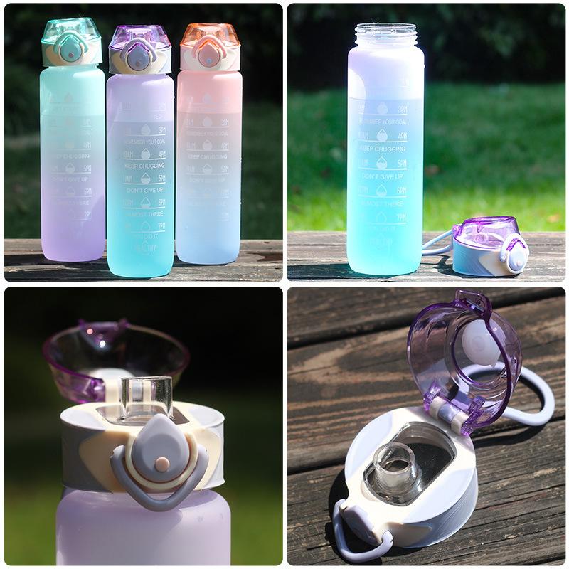 Color Spray Plastic Water Cup Outdoor Sports Portable Portable Space Cup 1000ml Bounce Water Bottle with Scale