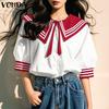 VONDA Women Naval Collar Bow Knot Short Sleeve Striped Buttons Up Blouse College Style