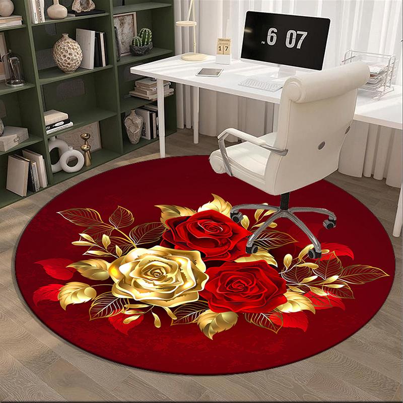 Golden Rose Wreath Design round carpet Chair cushion Round Entryway Rug, Soft Round Rugs for Living Room, Bedroom, Circle Carpet decor gifts