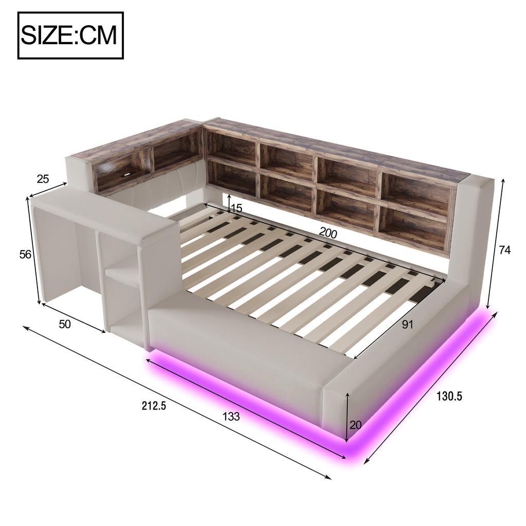 Upholstered Bed 90 X 200 Cm, Multi-Level Storage Compartments, LED Lighting, Integrated Sockets Headboard, Side Table, Padded Backrest, Light Grey