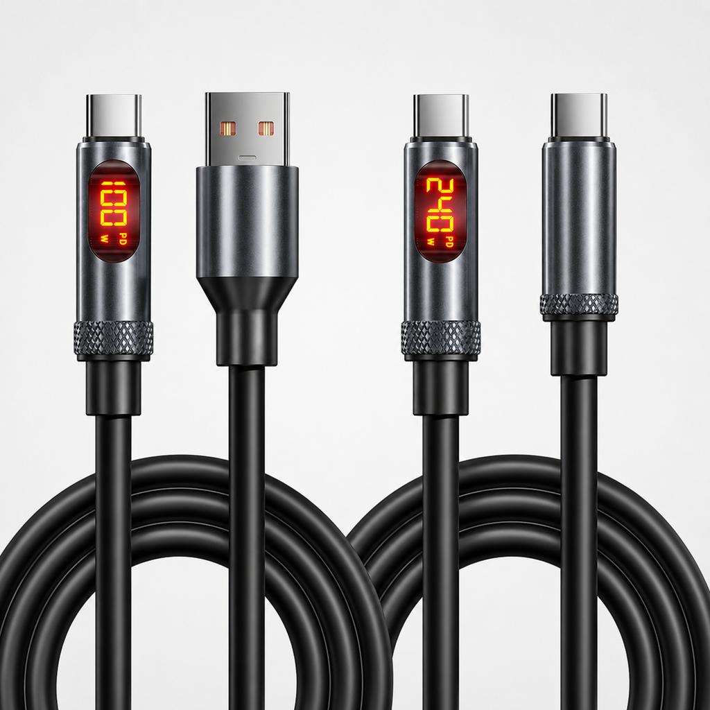 LED Display USB C Fast Charging Cable 100W 240W, USB A To Type C and USB C To USB C Data Sync Cord for Phones Laptops Tablets