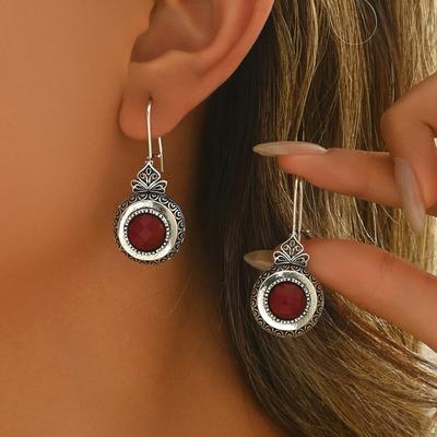 Retro Runde Inlay Rote Stein Ohrringe Mit Geometrischer Kreativität Silber Damen Schmuck Hängeohrringe